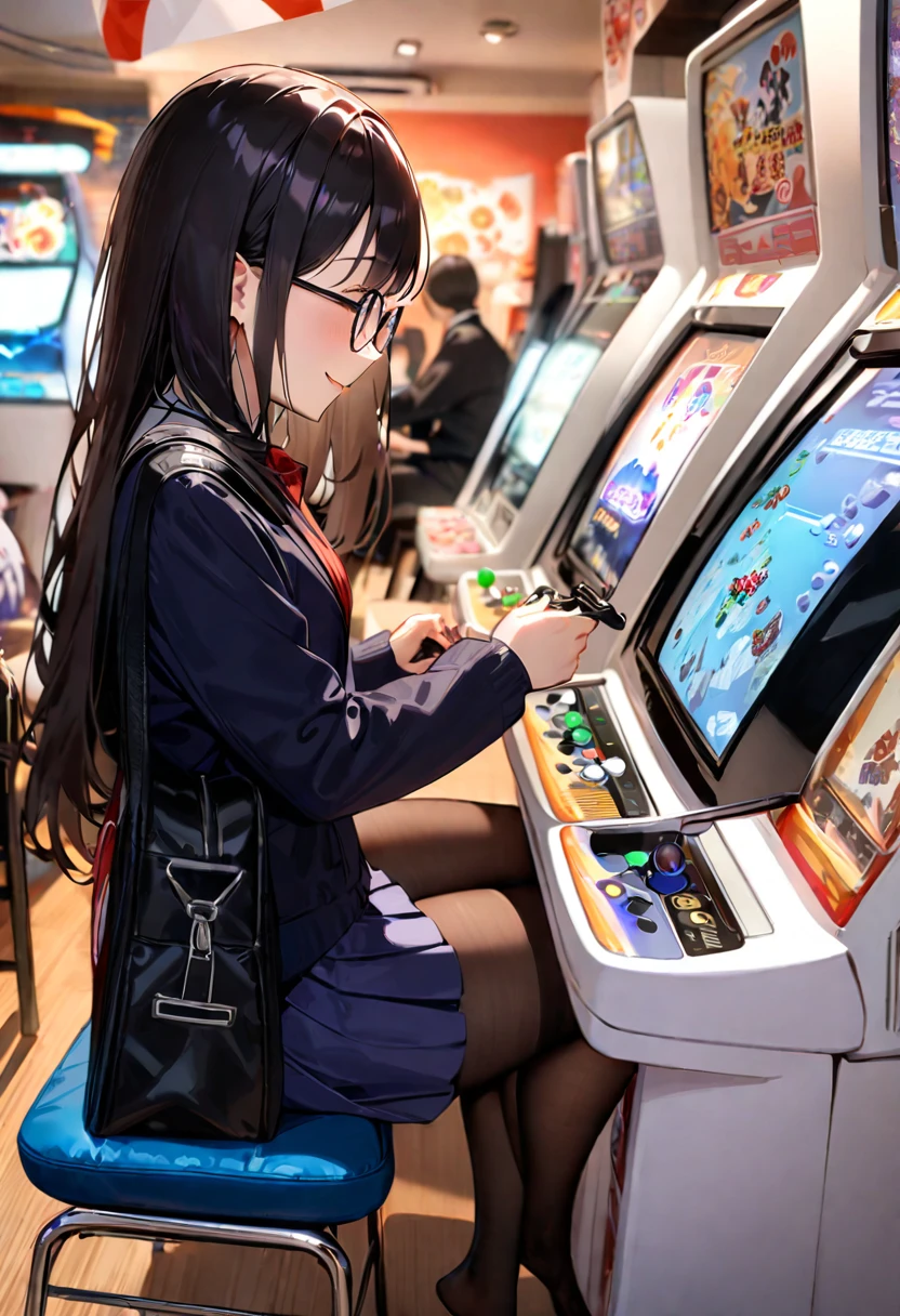 masterpiece, best quality, very aesthetic, absurdres,
1girl, solo, glasses, black hair, long hair, navy jacket, navy pleated skirt, pantyhose, black bag, smile, sitting, solo focus, from side, playing games, 
game_center, scenery, japan, arcade cabinet, scenery, chair, poster (object), 
<lora:game_center_SDXL_V1:1>