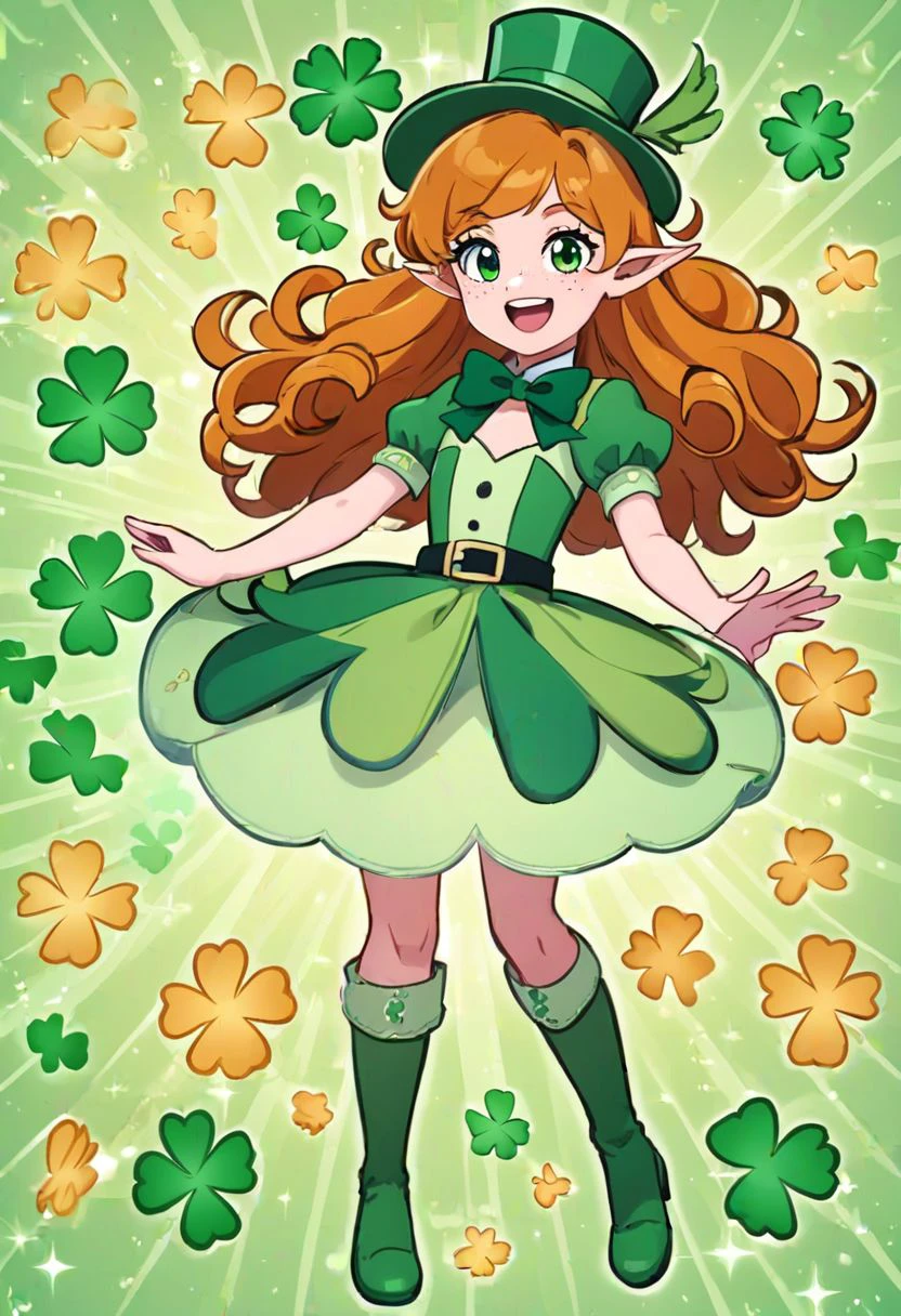 ShamrockWorld, clover, four-leaf clover, light particles, green top hat, solo, smile, blonde hair, hat, bow, pointy ears, striped, bowtie, green eyes, formal, top hat, green headwear,
1girl, long hair, smile, open mouth, brown hair, hat, dress, green eyes, full body, boots, shoes, socks, belt, orange hair, freckles, green footwear, curly hair,