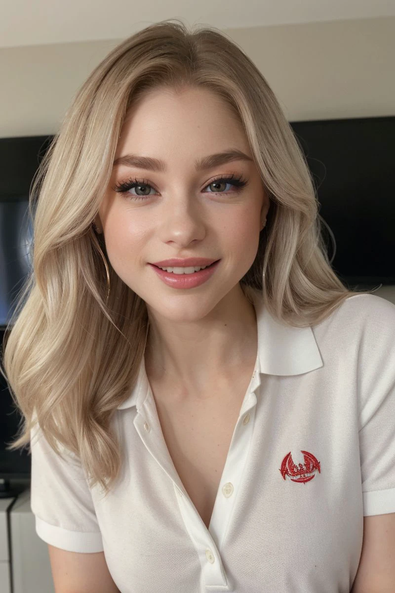 closeup headshot of S380_ScarlettHampton,an attractive woman,in front of a (television wall:1.1),wearing a (polo-shirt:1.1),(smiling),(4k, RAW photo, best quality, 35mm, depth of field, ultra high res:1.1),(intricate, photorealistic, cinematic-shot, masterpiece, ultra-detailed:1.1),