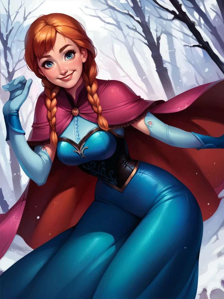 score_9, score_8_up, score_7_up, score_6_up, AnnaXLP, blue dress, long skirt, elbow gloves, boots, cape, capelet, corset, twin braids, medium breasts, narrow waist, wide hips, thick thighs, looking at viewer, dynamic pose, smile, cute, wide shot, solo, leaning forward, cowboy shot, forest, winter, trees, realistic,
<lora:AnnaXLP_character:0.8>