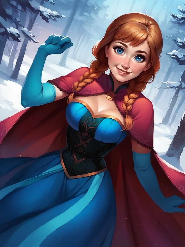 score_9, score_8_up, score_7_up, score_6_up, AnnaXLP, cute pose, blue dress, long skirt, elbow gloves, cape, capelet, corset, twin braids, medium breasts, narrow waist, wide hips, thick thighs, looking at viewer, dynamic pose, smile, cute, solo, cowboy shot, forest, winter, trees, realistic, cute, cartoon, from above,
<lora:AnnaXLP_character:0.8>