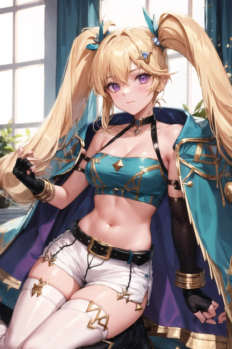 masterpiece,BEST QUALITY,spring_archer,<lora:spring_archer-000012:0.6>,1girl,solo,golden hair,twintails,long hair,cape,hair ornament,black choker,crop top,navel,belt,white shorts,white thighhighs,cape,fingerless gloves,jewelry,boots,indoors,bed sheet,window,