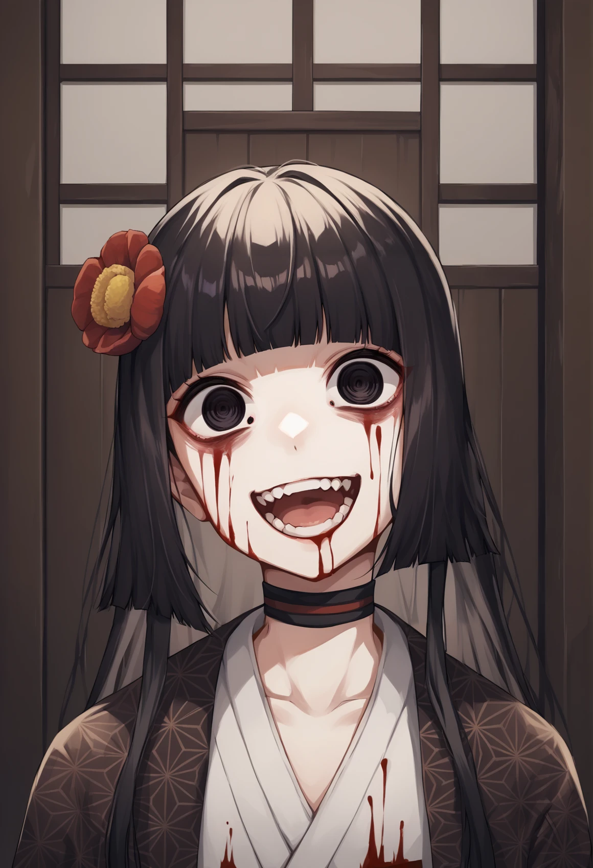 1girl, pale skin, long hair, black hair, black eyes, hime cut, hair ornament, hair flower, blunt bangs, choker, japanese clothes, kimono, black kimono, obi, wide sleeves, blood from eyes, @ @, smile, teeth, open mouth, yandere, horror \(theme\),  indoors, japanese house, dark, darkness <lora:SenHime:1>, score_9, score_8_up, score_7_up, score_6_up, score_5_up, score_4_up, BREAK source_anime, masterpiece