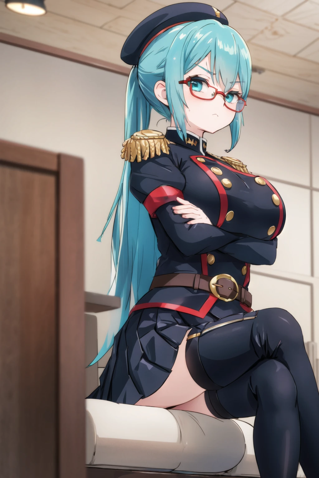 (mato uniform), sitting, indoors, glasses, beret, ponytail, gigantic breasts, aqua eyes, frown, looking at viewer, thigh boots, pleated skirt, crossed arms, crossed legs, microskirt, puffy short sleeves, epaulettes,  belt, from below, <lora:mato:0.6>