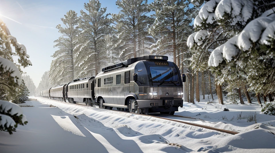 Professional photography of a silver canoo train in snow<lora:Canoo_style:1>