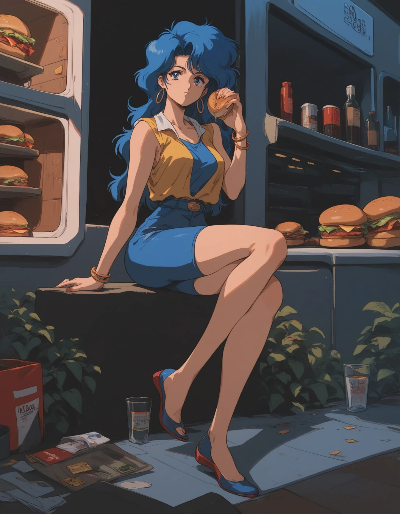 score_9, score_8_up, score_7_up, 
<lora:AniZi_v5:0.4>, 1980s_\(style\), 1girl, full body, blue_hair, dated, earrings, female character, jewelry, long_hair, retro_artstyle, illustration, (manga:1.2), (in form shape of burger costume)