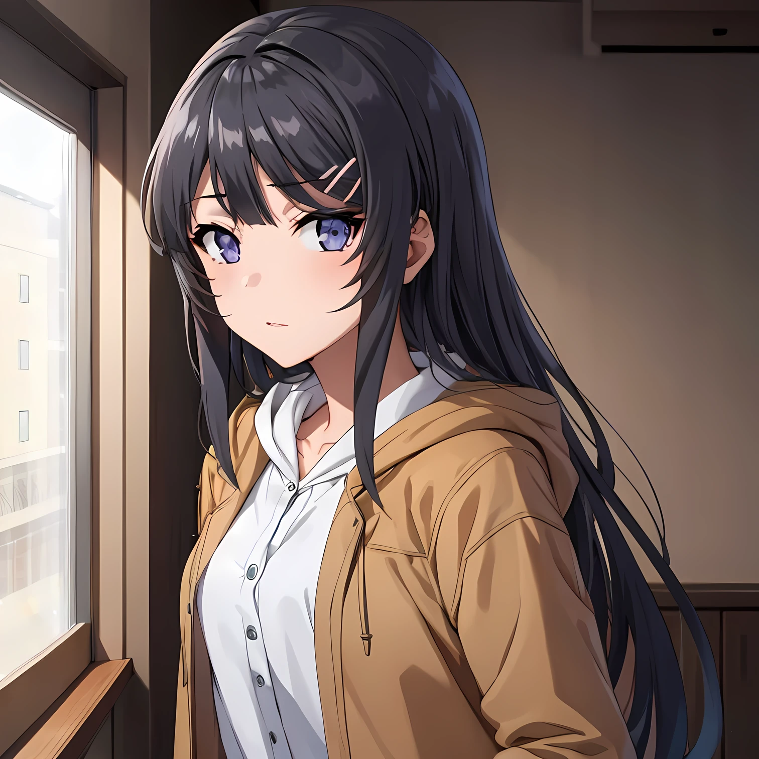 (masterpiece,hires), (2.5D:0.2),  1girl, sakurajima mai, long hair, jacket, hoodie, long sleeves, ,  (simple background), , indoors,  female focus, looking at viewer, natural lighting,     <lora:me_maiS-08-UD:0.9>