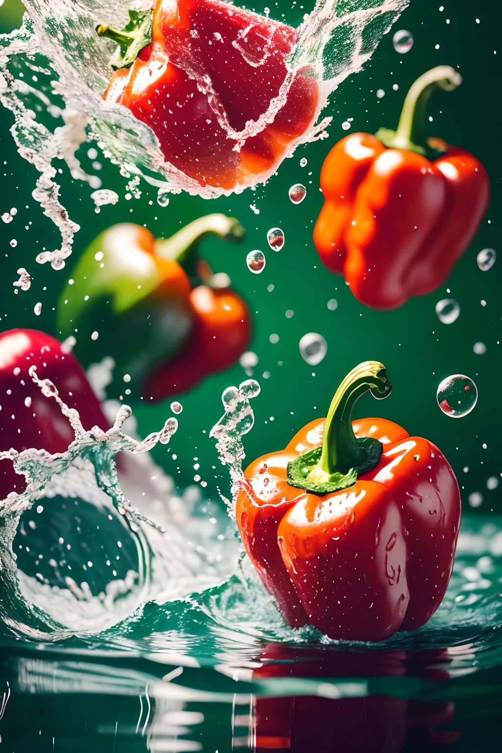 no humans,Photographic,vegetable, red pepper,water splashing, splashing, multiple others,  realistic, Bubbles,blur, fruit poster,<lora:ç»å¨çé²è¶å¸fruit poster_v1.5:0.9>,green  background,
