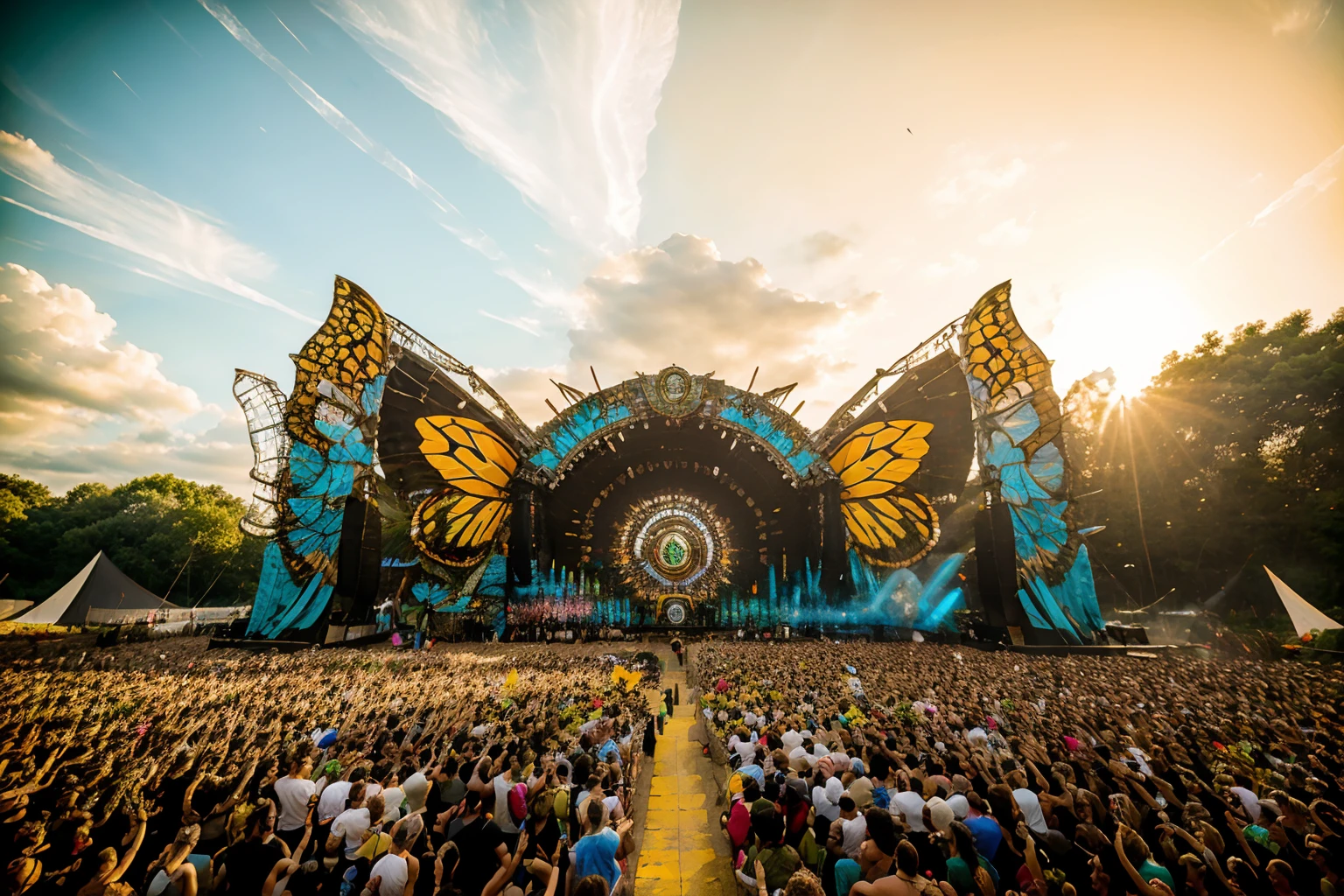 electronic music festival,<lora:electronic music festival:0.7>,best qualtiy,masterpiece,movie-level quality,sunset,jungle,butterfly,flower,magnificent_architecture,