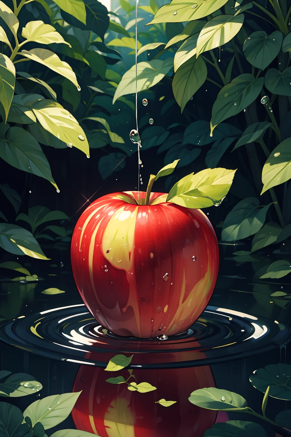 Photorealistic, realistic, apple, water splashing, fruit, multiple others, no humans, fruit poster,<Lora: Hua Wei Fresh Supermarket fruit poster_v1.5:0.9>