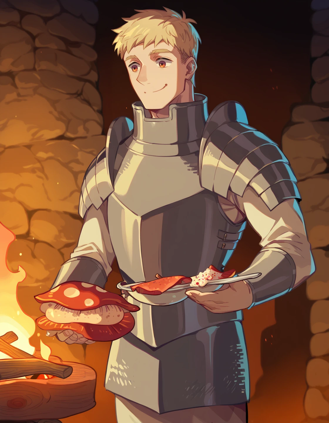 score_9, score_8_up, score_7_up, score_6_up, source anime, BREAK
<lora:dungeon_meshi_collection:1> soialpnxl, laios thorden, 1boy, dungeon meshi, male focus, armor, food, campfire, cooking, mushroom, closed mouth, smile, solo, cowboy shot