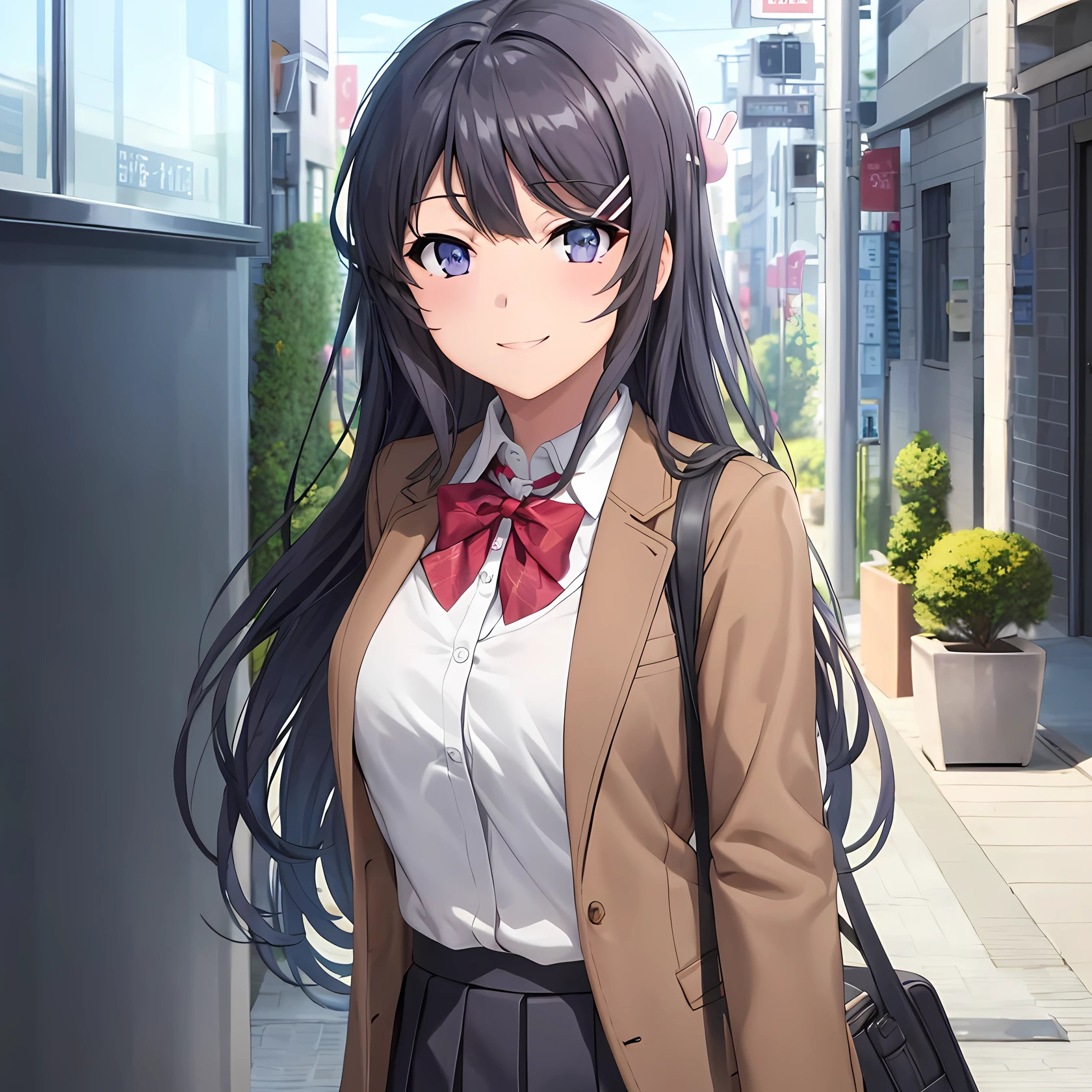 (masterpiece,hires), 1girl, sakurajima mai, long hair, hairclip, hair ornament, school uniform, grey skirt, brown jacket, collared shirt, mature female,  blush, smile,  female focus, looking at viewer, vibrant colors,RTX,natural lighting,     (photorealistic:1.1), 8k uhd, looking at viewer, outdoors, blue sky, simple backround,<lora:me_maiS-08-UD:0.8>