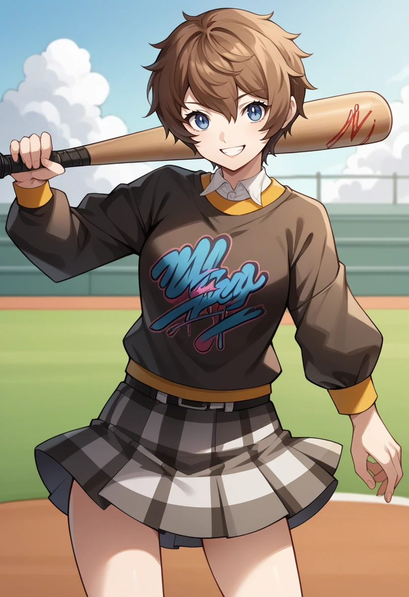 score_9, score_8_up, score_7_up, source_anime BREAK 1girl, solo,  <lora:zs_AraiXL:1> araip5x, brown hair, short hair, messy hair, blue eyes, black sweater, shirt, plaid skirt, cowboy shot, baseball pitch, smile, long sleeves, baseball bat