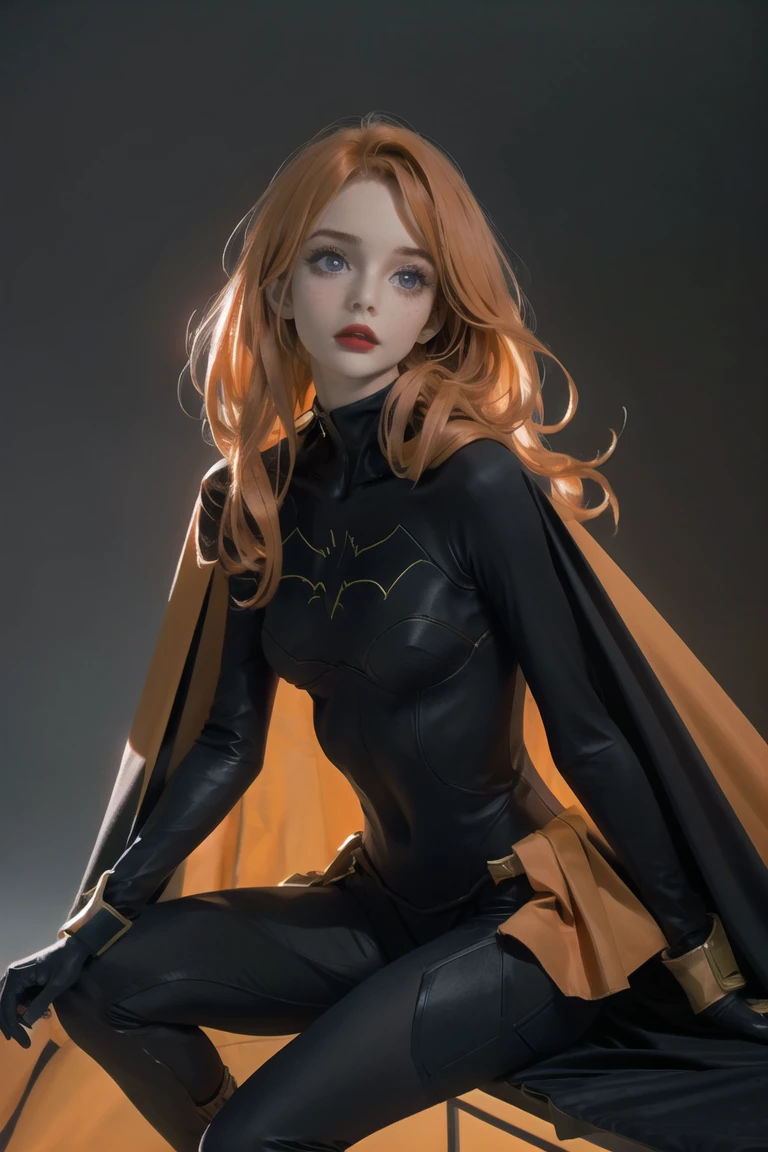 (masterpiece),best quality,sitting,wariza,<lora:Barbara-04:0.75>,batgirl,batgirl,suit,orange hair,cape,bodysuit,cape,lipstick,covered legs,