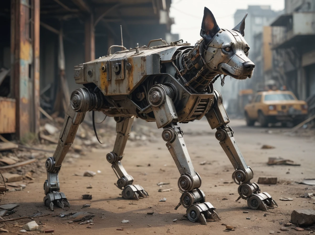 post-apocalypse,robot dog for collecting metal on 4 legs