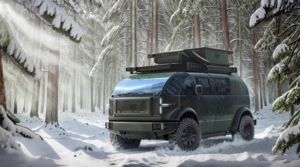 Professional photography of a green (Canoo style) military armored car in the snow<lora:Canoo_style:1>