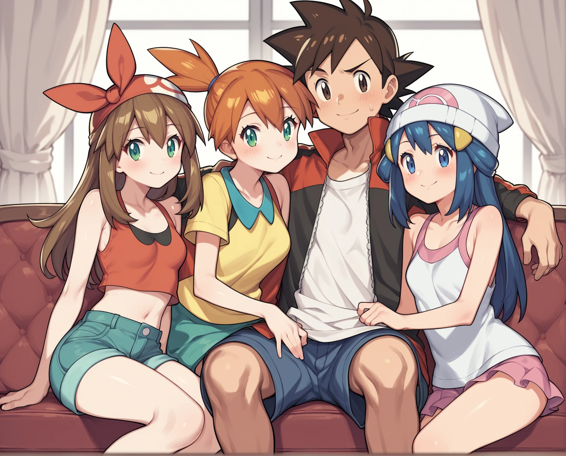 score_9, score_8_up, score_7_up, source_anime, BREAK 3girls, 1boy, ash ketchum, (misty (pokemon), side ponytail, green eyes, orange hair), (may (pokemon), bandana, brown hair, blue eyes), (dawn (pokemon), long hair, blue hair, beanie), sitting, harem, looking at viewer, Pokémon style, blush, seductive smile, couch, small breasts, <lora:Harem_King_Pose:0.8>, rating_questionable