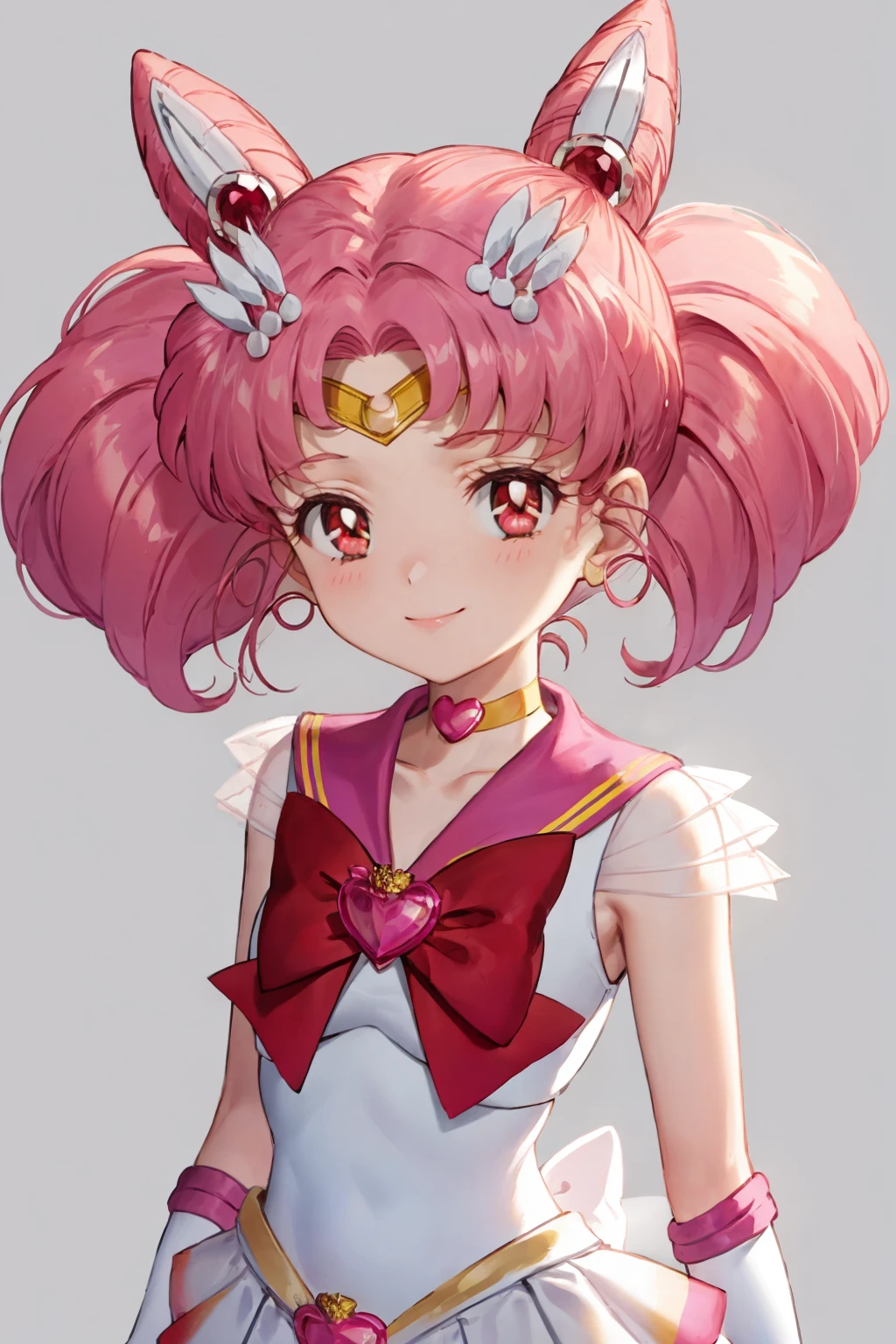 masterpiece, best quality,
1girl, chibiusa, pink hair, twintails, cone hair bun, double bun,  red eyes, earrings, hair ornament, tiara,
red bow, heart brooch, back bow, bow, brooch, choker, elbow gloves, heart choker, magical girl, multicolored clothes, multicolored pleated  skirt, pink sailor collar, sailor senshi uniform, yellow choker,
smile,  upper body, solo, looking at viewer, simple background   <lora:Chibiusa:1>