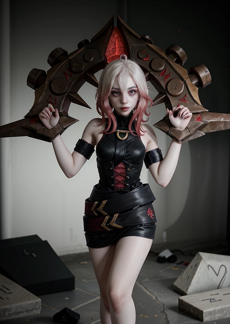 1girl, briarlol, bangs, ((pale hair)), ((official briar_(league_of_legends))), ((original red runes weapon)), short gothic dress,