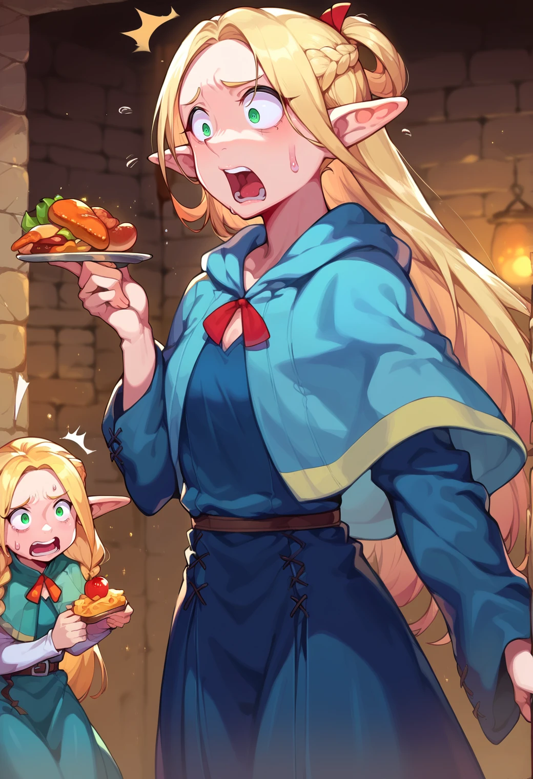 score_9, score_8_up, score_7_up, score_6_up, source anime, BREAK
<lora:dungeon_meshi_collection:0.9> ellicrampnxl, marcille donato, 1girl, pointy ears, elf, capelet, dungeon, food, sweat, elf, dress, sweatdrop, robe, surprised, open mouth,