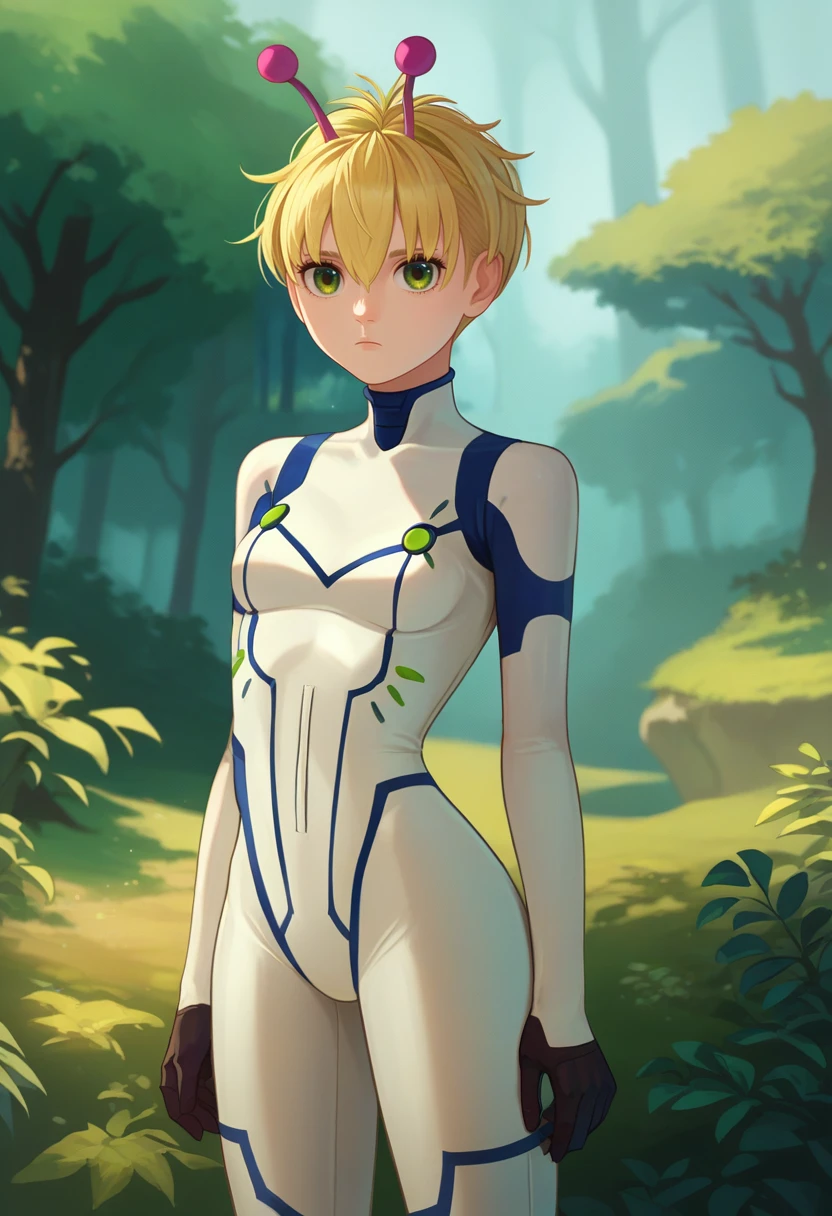 score_9, score_8_up, score_7_up, source_anime, solo, 1girl, bamora, expressionless, looking at viewer, standing, blonde hair, antennae, green eyes, white bodysuit, plugsuit, black gloves, outdoors, forest <lora:dandadan_bamora_ponyXL:1>