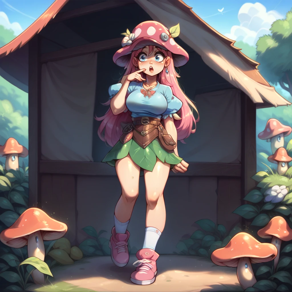 score_9, score_8_up, score_7_up, score_6_up, score_5_up, score_4_up,  <lora:Spar_BoF2_XL:1> sparbofii, long hair, blue eyes,pink hair, (mushroom_head:1.3), wide view, <lora:RapscallionPony:0.8> large breasts,  <lora:Realistic_2.5DAnime_Merge1:1> standing, (leaf_skirt:1.2), puffy sleeves, blue shirt, blue and pink shoes, puffy socks, finger wagging,