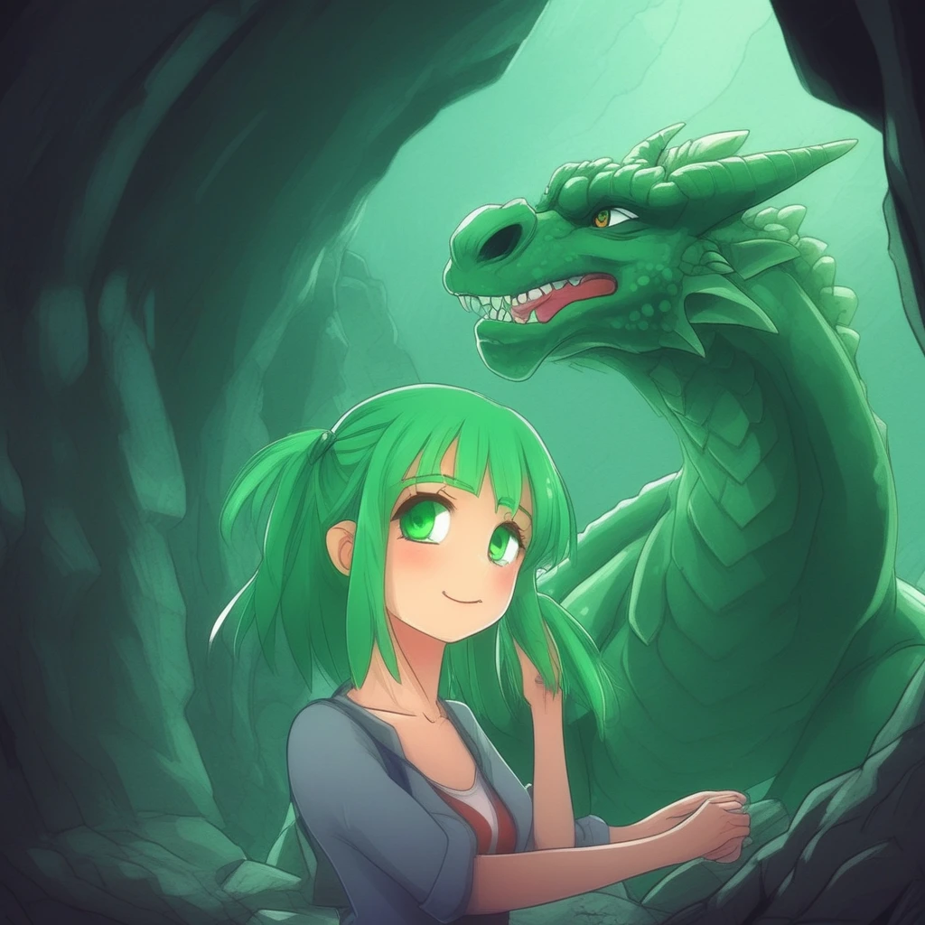 a girl touching a dragon in a cave