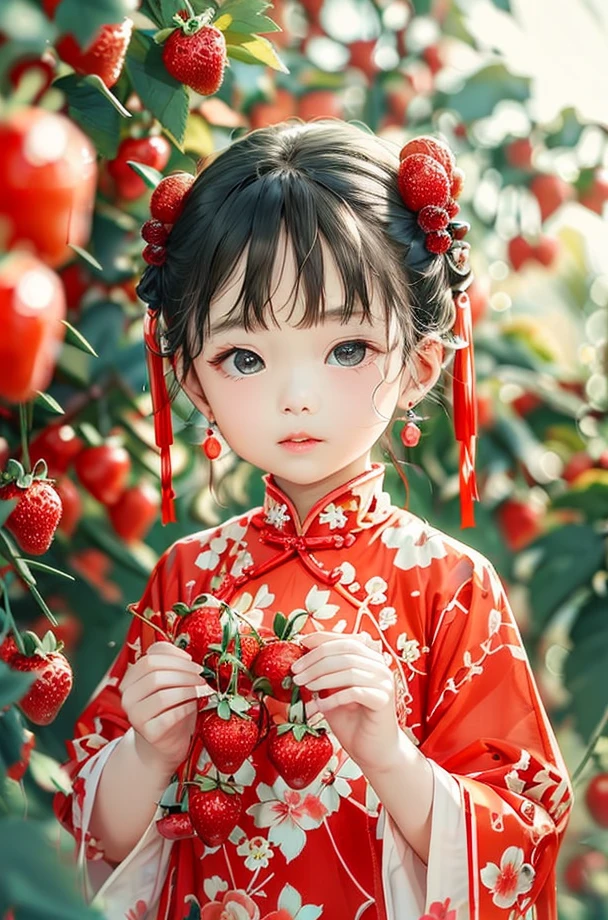 child, child-HXZ, Hanfu, 1girl, solo, chinese clothes, black hair, hair ornament, earrings, looking at viewer, jewelry, black eyes, blurry, holding, upper body, fruit, food, lips
 <lora:Fruit Story-HXZ:0.75>