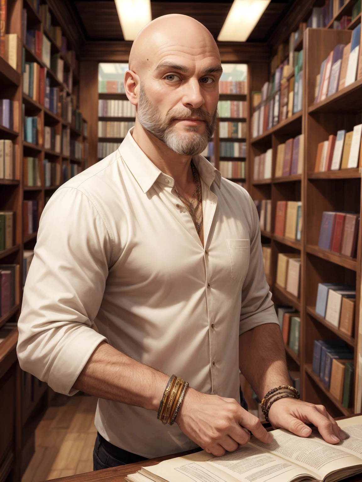 A handsome bald man inside a small bookshop with a beard wearing a modern ivory shirt and bracelets