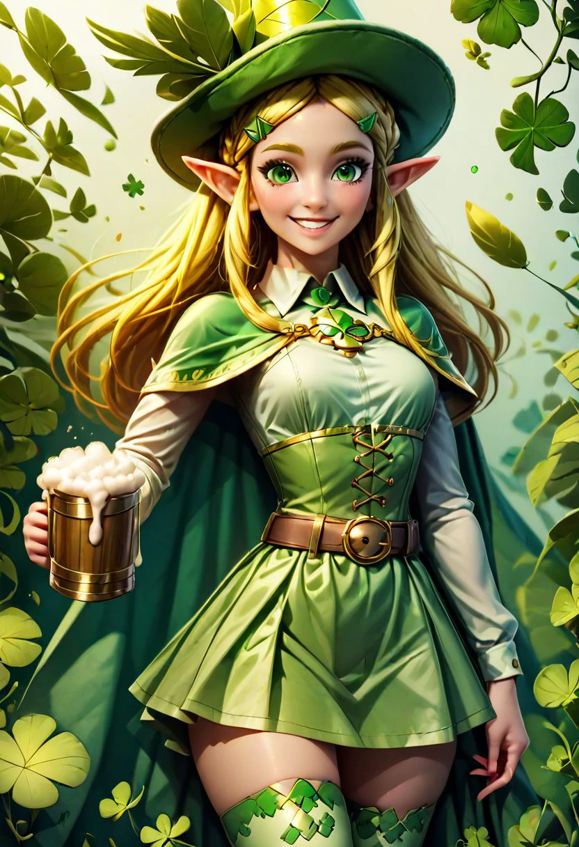 score_9, score_8_up, score_8, medium breasts, (ultra realistic,32k, masterpiece:1.2),(high detailed skin:1.1),( high quality:1.1), (curvy),
princess zelda, long hair, hairclip, pointy ears, green eyes,
ShamrockWorld, clover, four-leaf clover, light particles, solo, 
corset, thighhighs, green skirt, long sleeves, collared dress, solo, smile, looking at viewer, cowboy shot, 
simple background, hat, white background, holding, belt, cup, no humans, animal, holding cup, alcohol, mug, green headwear, hat feather, animal focus, beer, beer mug, clover, four-leaf clover, green cape, green capelet,