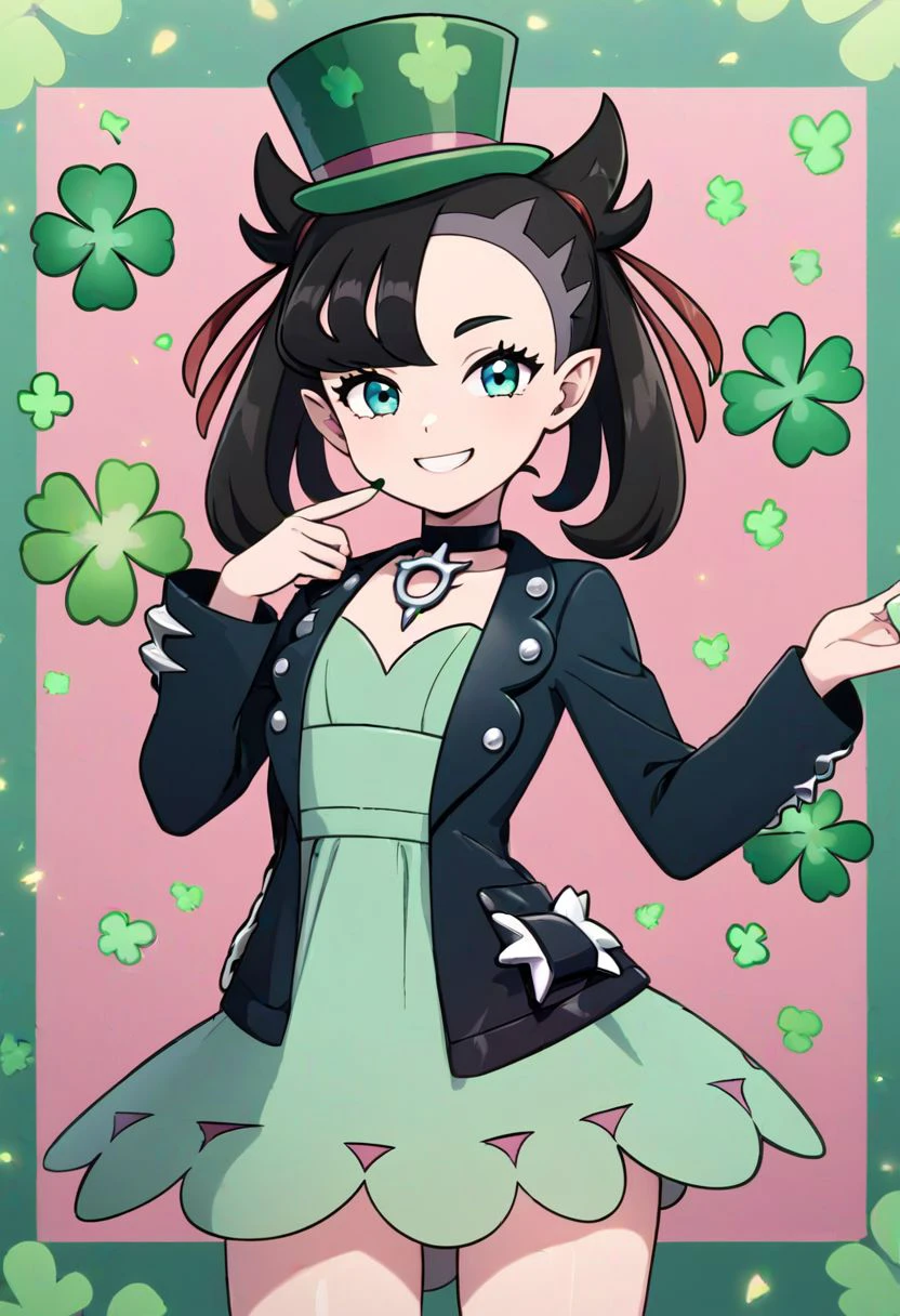 ShamrockWorld, clover, four-leaf clover, light particles, green top hat, solo, smile, blonde hair, hat, bow, pointy ears, striped, bowtie, green eyes, formal, top hat, green headwear,
 marnie \(pokemon\), aqua eyes, black choker, green ribbon, dress, jewelry, black jacket, open clothes, long sleeves, solo, smiling, looking at viewer, cowboy shot,