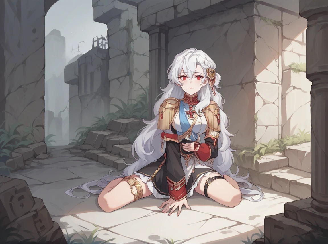 score_9, score_8_up, score_7_up, source_anime, <lora:Alpha1918:0.9>,
1girl, long hair, white hair, red eyes, alpha1918, fullbody, mini black skirt, ruins of modern city,