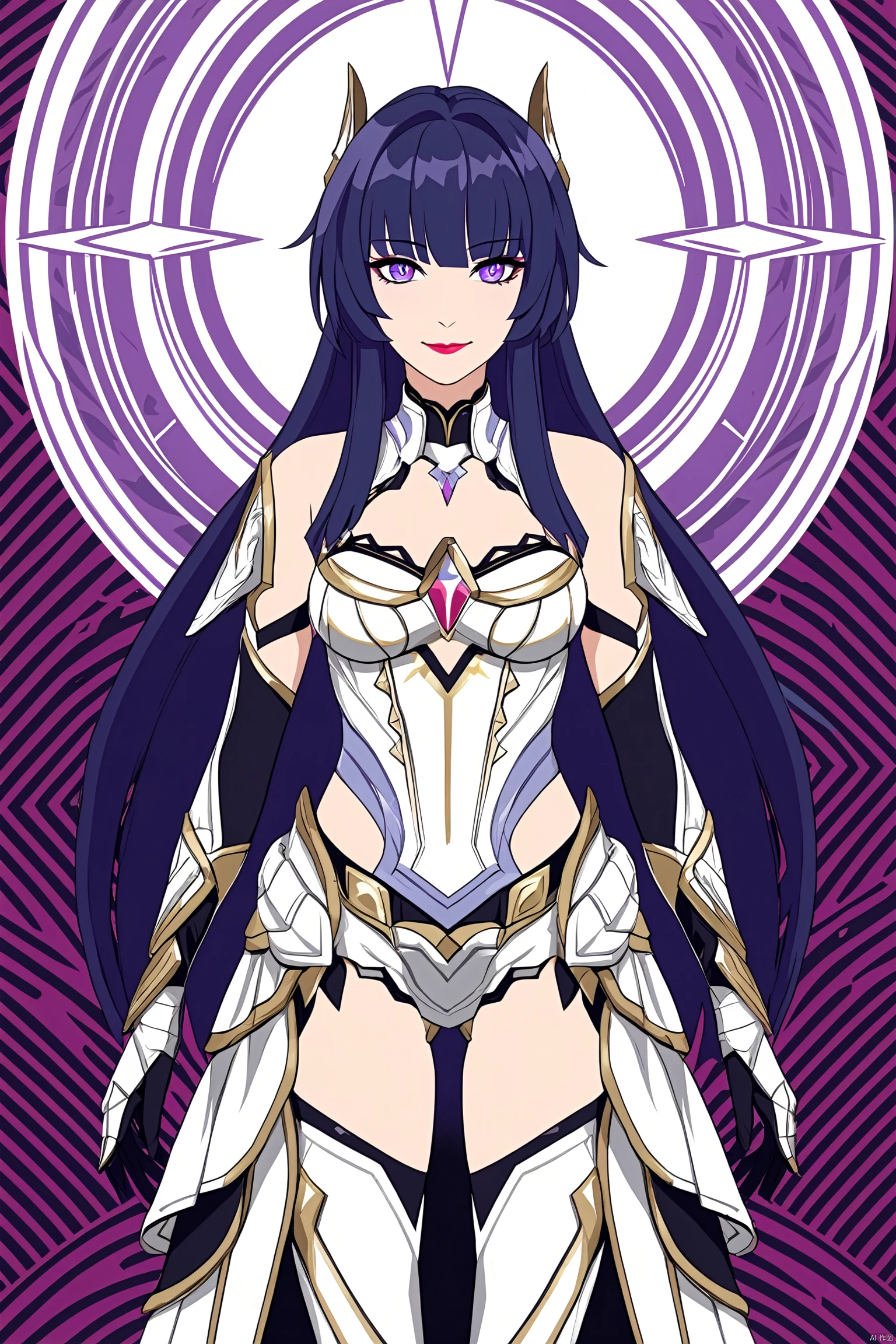 core_9,score_8_up,score_7_up,best quality,masterpiece,source_anime,8k,(ultra-detailed),(high detailed skin), vaporwave,(Highest picture quality), (Master's work), (Detailed eye description), (8K wallpaper),(Detailed face description),(flat color:1.3),(ligne claire:1.3),(cover page:1.2),(movie poster:1.2),poster,cowboy shot,(solo),(multicolored_background),striped_background,card_background,1girl,red lips,(red eyeshadow),full body,looking at viewer,medium breasts,beautiful detailed bright eyes, (seductive smile),mixed,
4th clothes, shiyuan, Lady Cuirass-Skirt Armor, Metal armor, Metallic clothes, 1girl, raiden mei, long hair, purple eyes, bangs, purple hair<lora:EMS-340403-EMS:0.800000>