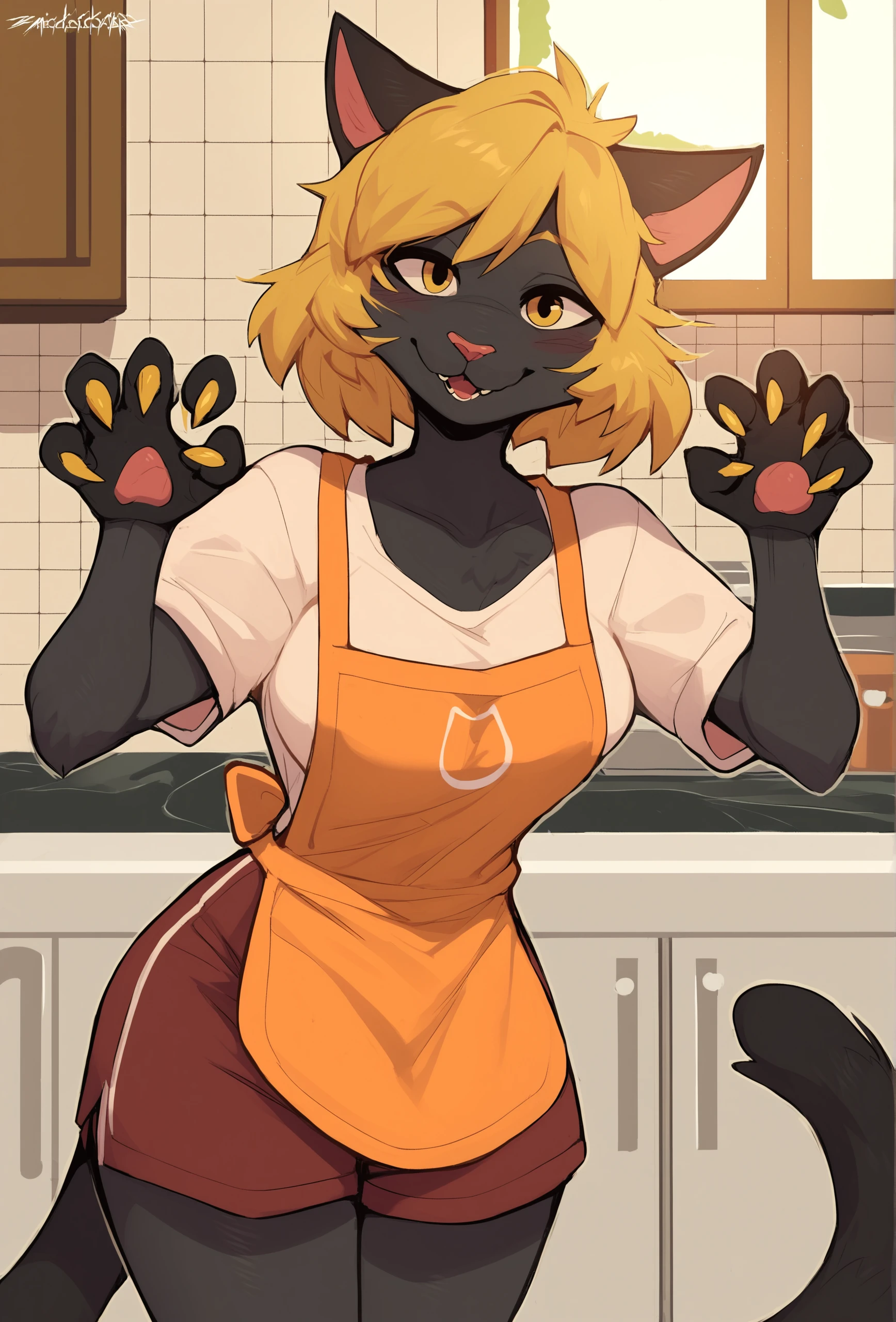 score_9, score_8_up, score_7_up, score_6_up, score_5_up, score_4_up, <lora:zackary911_style_ponyXL_v1.3_0.99:1.2> indoors, kitchen, BREAK
1girl, cat girl, furry, orange apron, medium breasts, yellow eyes, looking at viewer, smile, medium hair, snout, black fur, yellow hair, white shirt, red shorts, cat tail, claws, claw pose, yellow fingernails