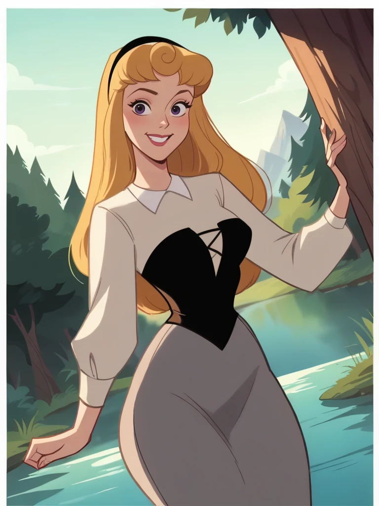 score_9, score_8_up, score_7_up, score_6_up, AuroraXLP, grey dress, black corset, black hairband, long sleeves, purple eyes, sexually suggestive, nsfw, medium breasts, narrow waist, wide hips, thick thighs, looking at viewer, cowboy shot, cartoon, dynamic pose, smile, cute, wide shot, solo, forest, lake, magic vibe, disney, dutch angle, from side, anime screencap, realistic,
<lora:AuroraXLP_character:0.8>