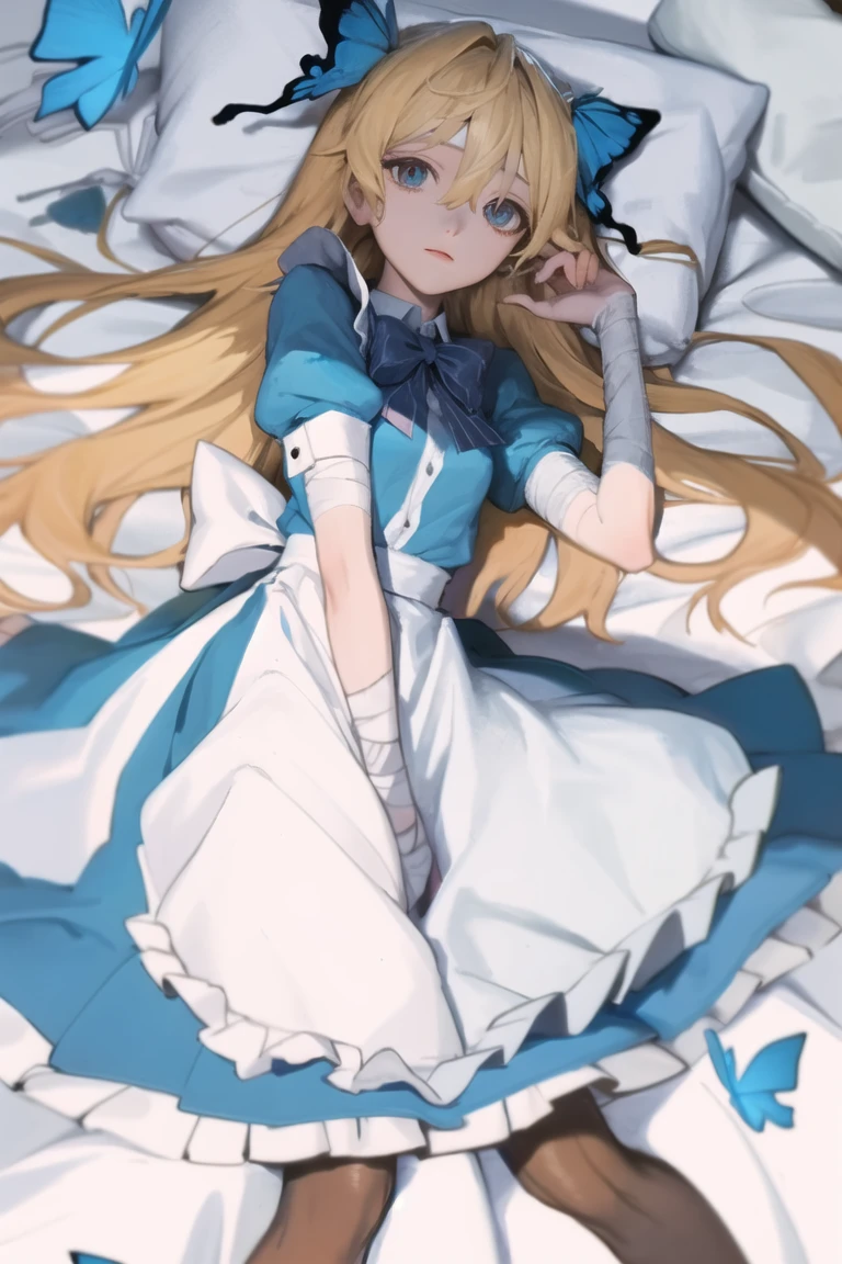(masterpiece),best quality,three-quarter view,lying,pillow,on bed,1girl,solo,blonde hair,long hair,dress,butterfly hair ornament,bandages,bowtie,striped bow,hair between eyes,puffy sleeves,apron,striped,short sleeves,pantyhose,bandaged arm,alice \(alice in wonderland\),