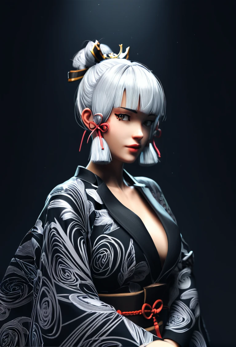 score_9, score_8_up, score_7_up, ayaka kamisato from Genshin Impact character portrayed in the style of a black and white drawing with silver highlights. Wearing a kimono. The anime style depicts a female knight holding a katana against a dark background with dramatic lighting. It is a full body portrait in a fantasy art aesthetic with bold shadows and high contrast between light and dark areas. Red accents are used throughout the stylish armor design and messy silver white hair worn in a bun. The dynamic pose and powerful expression convey a sense of drama