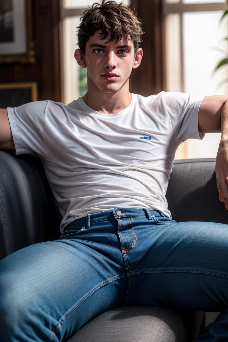 Cameron Monaghan, ((masterpiece)), ((best quality:1.2)), High Resolution, 8k, male focus, (ultra_realistic:1.3), (photorealistic:1.4), sharp focus, 1boy, (perfect face), wide angle, handsome, (((wearing a tight white tank top:1.2))), (((denim jeans:1.2))), ((bulge:1.2)), ((sitting on couch, leaning back with legs spread wide:1.3)), serious expression, defined body, muscular, blue eyes, short red hair, solo, 1boy,pale skin, skinny, good lighting, very pale skin, light skin, model with attractive body,medium bulge and medium butts,(Best quality, 8k, Masterpiece). High Detail , superior quality, natural lighting, beautiful, sexy, correct anatomy, good composition,realistic shapes, realistic skin tones,Natural eyes,realistic eyes,looking up at viewer,vpl,realistic muscles,Realistic wrinkles on the skin,Realistic arms and legs,Realistic face,realistic hair,Make a sexy and seductive face, Clear Focus: 1.2, Perfect Body virile: 1.4 , Slender Abs: 1.2, Highly detailed face and skin texture, detailed eyes, double eyelids, big upper lip, man focus,amazing composition, front view, HDR, volumetric lighting, ultra quality, elegant,Post a erotic photoshoot,Realistic pose,detailed hair,full body,Fujifilm XT3 photorealistic art by midjourney