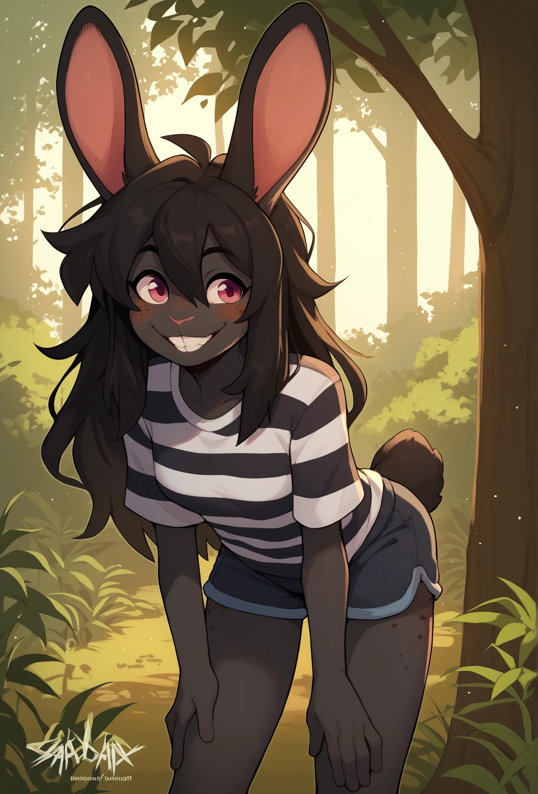 score_9, score_8_up, score_7_up, score_6_up, score_5_up, score_4_up, <lora:zackary911_style_ponyXL_v1.3_0.99:1> forest, dappled sunlight, nature BREAK
1girl, furry, solo, female, rabbit girl, black fur, black hair, long hair, hair between eyes, sidelocks, pink eyes, smile, teeth, striped shirt, black shirt, white shirt, shorts, freckles, white freckles, leaning forward