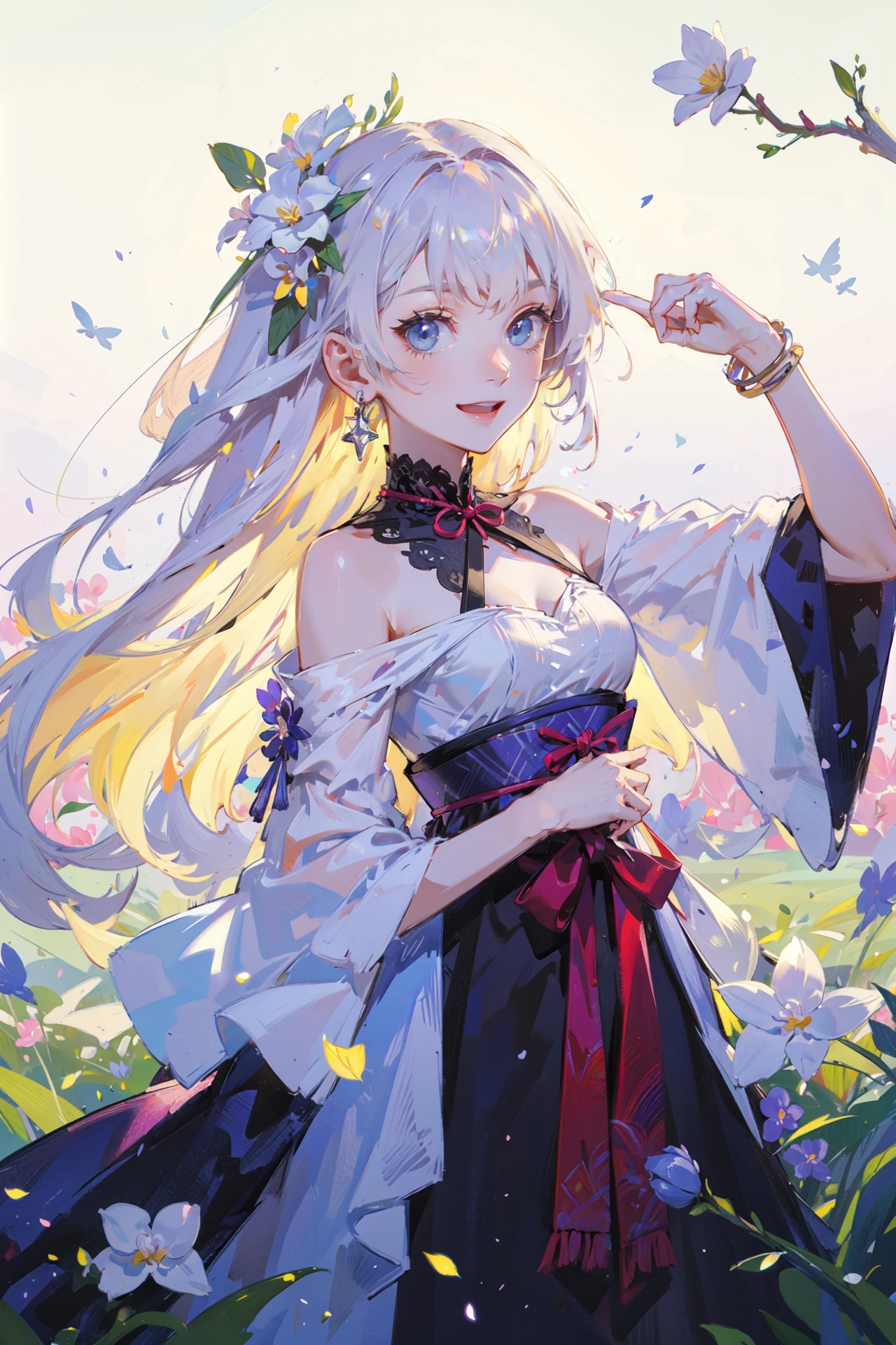 ((best quality, masterpiece, absurbres, super-resolution)), (kawaii, pop, cute:1.1), 1girl, solo,white orchid behind,field of flowers ,puxian opera,blooming flowers, dan role,complex flower background, jewelry, hair_ornament, tassel, smile,(high saturation),(colorful splashes),highly intricate details