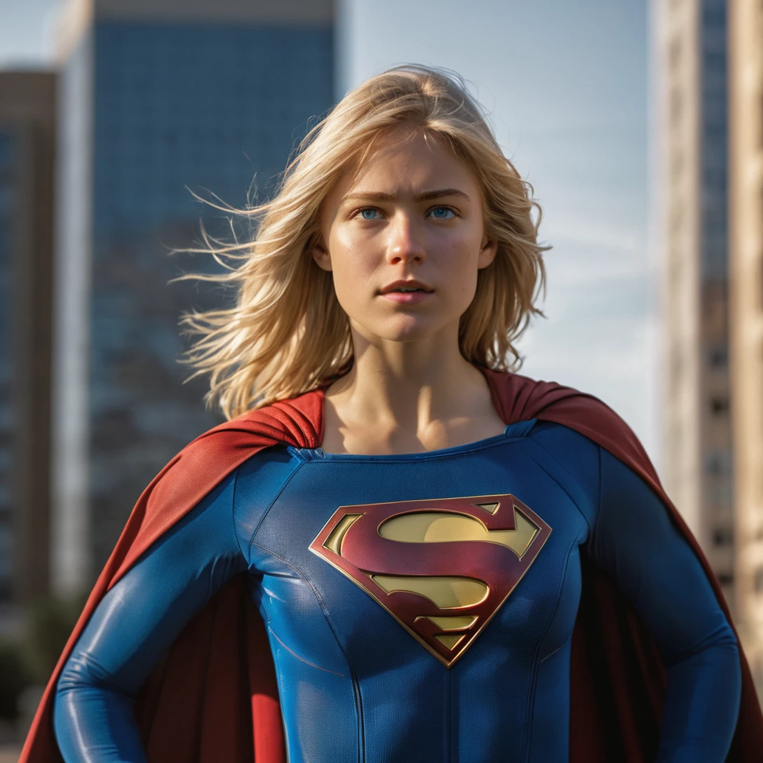 (Raw, Analog portrait photo of Kara Zor El), sci-fi superhero style, detailed face, teen, messy hair, (light blonde hair:1.2), heroic, ultra realist colors, very intricate details, focus, full frame image, award winning, highly detail eyes, hd, 16k, natural illumination, real hair movement, (best quality:1.4), (Supergirl, wearing Supergirl-suit, cape), outdoor, realistic, (pixar:-1) (painting:-1) (render:-1) sharp focus, hdr, sunset, god rays, backlight, professional photo shot with Hasselblad 501c