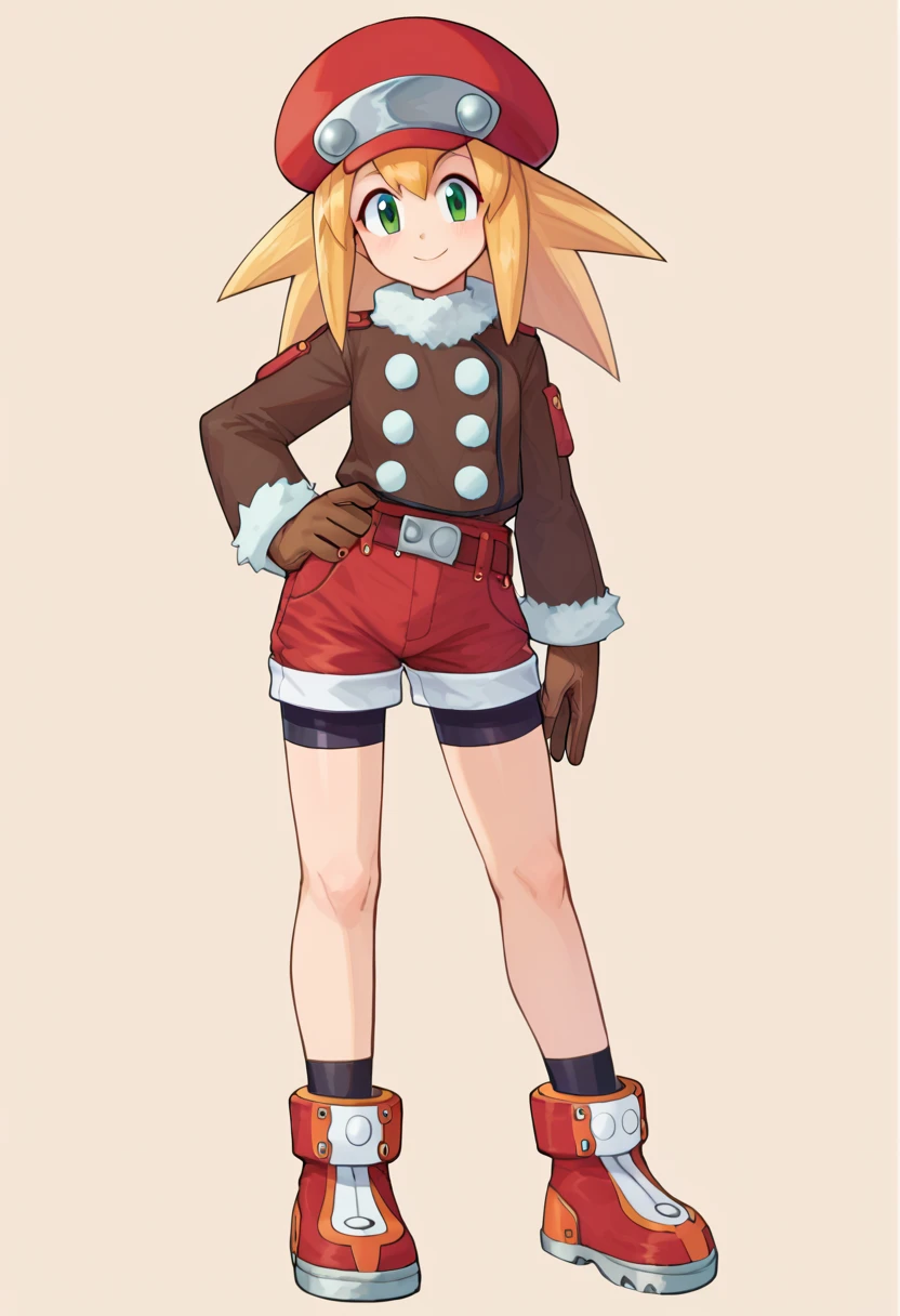 rating_explicit, score_9, score_8_up, score_7_up, score_6_up, score_5_up, score_4_up, by ishikawa hideki,
<lora:RollCaskettMegamanPonybyRR:1>, Roll Caskett (Mega man), long hair, spiked hair, bangs, hair between eyes, blonde hair, long sleeves, green eyes, brown jacket, red boots, fur trim, red cabbie hat, bike shorts under red shorts, gloves,
1girl, standing, full body, hand on hip, looking at viewer, smile, closed mouth,
dynamic shot, simple background, box