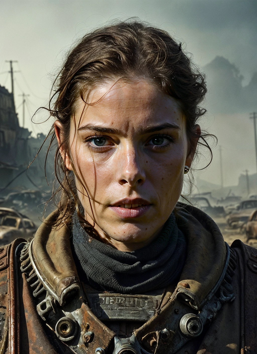 photo of sks woman, natural lighting, <lora:add_detail:0.35>, close up portrait RAW photo of sks woman, inspired by fallout, rugged clothing, Mad Max and Waterworld, detailed face, post apocalyptic atmosphere in 1930', an sks woman in rugged power armor holding a rifle with both hands, ((junkyard)), (debris), ((trash)), ((junk)), (((cars))) fill up the streets, rust, corrosion, sense of scale, sublime beauty of the grandiose environment, epic, cinematic composition, volumetric lighting, defined lines, blurred background, saturated colors, strong bloom, ((photorealistic)) , Intricate, High Detail, Sharp focus, dramatic, by greg rutkowski, realism, beautiful and detailed lighting, shadows, <lora:locon_ashleygreene_v1_from_v1_64_32:1>