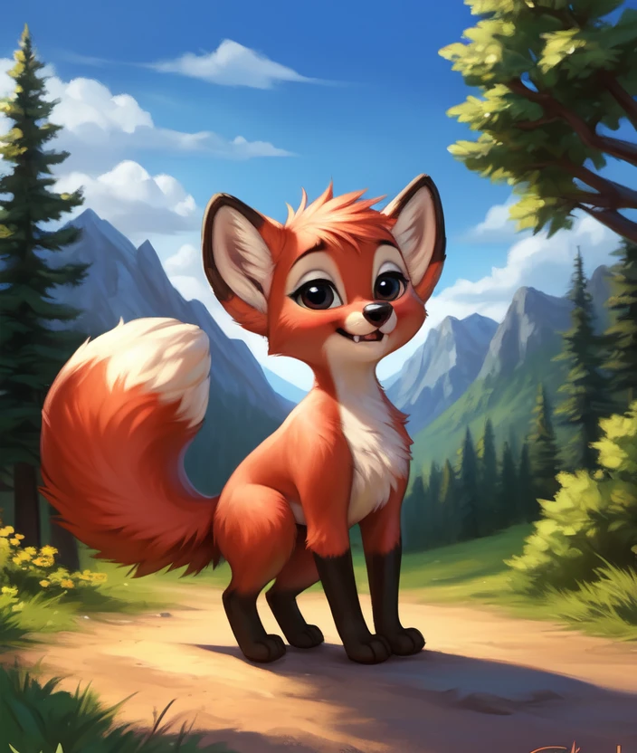 <lora:RitaCartoonCreat:1> RitaCartoonCreat,  [road, earth, forest, trees, sky, clouds, mountains,]    fox, red fur,   nude, animal, female,  furry,
textured fur, solo,  looking at viewer, to his full height,  (beautiful, aesthetic, perfect, delicate, intricate, masterpiece, )    chibi,
by ulitochka, by taran fiddler, by Silverfox5213, by personalami,  (all fours, cowgirl position,)