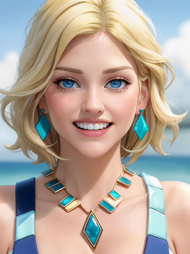 A beautiful tr1c14h,1girl, solo, looking at viewer, smile, blue eyes, (((blonde hair))), bare shoulders, jewelry, earrings, sky, teeth, necklace, grin, blurry, portrait, realistic, soft lighting, professional Photography, Photorealistic, detailed, RAW, analog, sharp focus, 8k, HD, high quality, masterpiece<lora:tr1c14h:1.0>