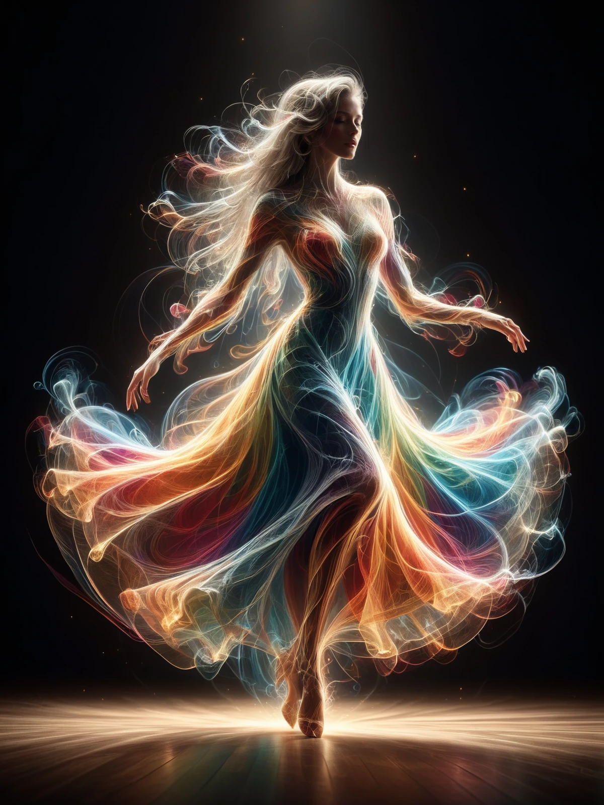 woman wearing a colorful mad-wsps dress dancing in ballroom, dynamic pose, cinematic shot, dramatic lighting<lora:Wisps_of_Light_SDXL:1>, masterpiece, best quality, ultra high res, (photorealistic, realistic:1.2), deep shadow, raw photo, film grain, Fujifilm XT3, 8k uhd, dslr