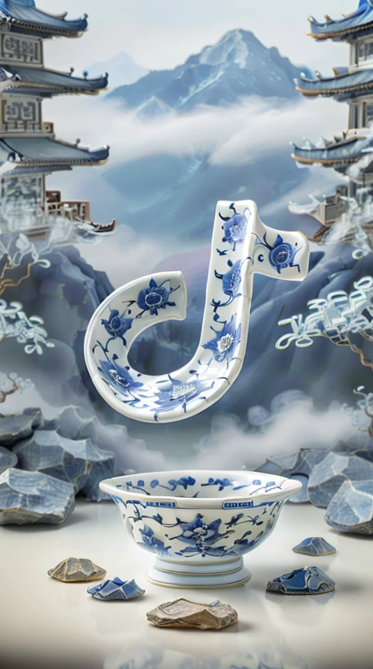 Masterpiece,blue and white porcelain,ceramic mastery,traditional Chinese ceramics with fine painted details,no human figures,masterpiece of Chinese traditional art,cultural relic,famous ceramic artwork,flawless craftsmanship,cinematic lighting and bloom,enhanced bokeh effect,commercial presentation of porcelain,hyper-realistic render of porcelain details,close-up view with sharp focus,high-resolution 8k UHD,raw and intricate details,showcasing Chinese landscape elements like mountains,fog,pines,waterfalls,stones,and rivers without overshadowing the porcelain's intricate design,