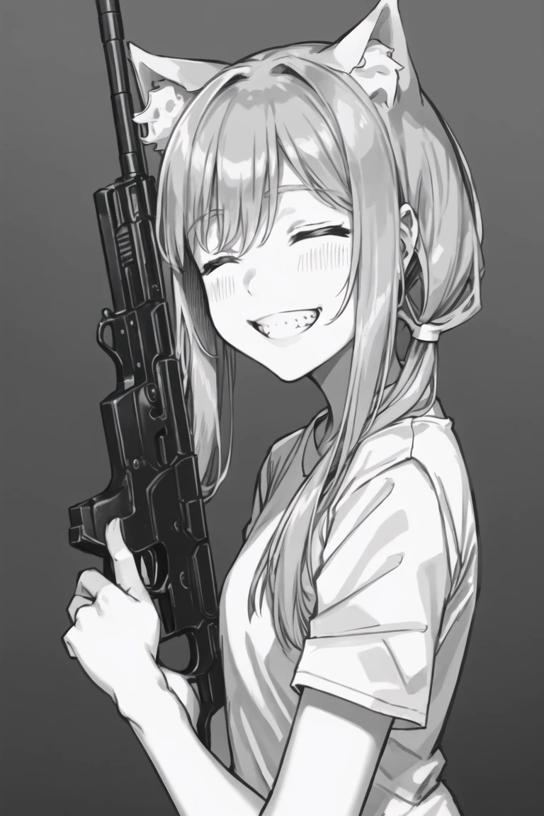 masterpiece,best quality,lineart,monochrome,greyscale,1girl,gun,animal ears,solo,closed eyes,twintails,smile,holding gun,dress,aiming at viewer,short sleeves,handgun,animal ear fluff,upper body,grin,teeth,
