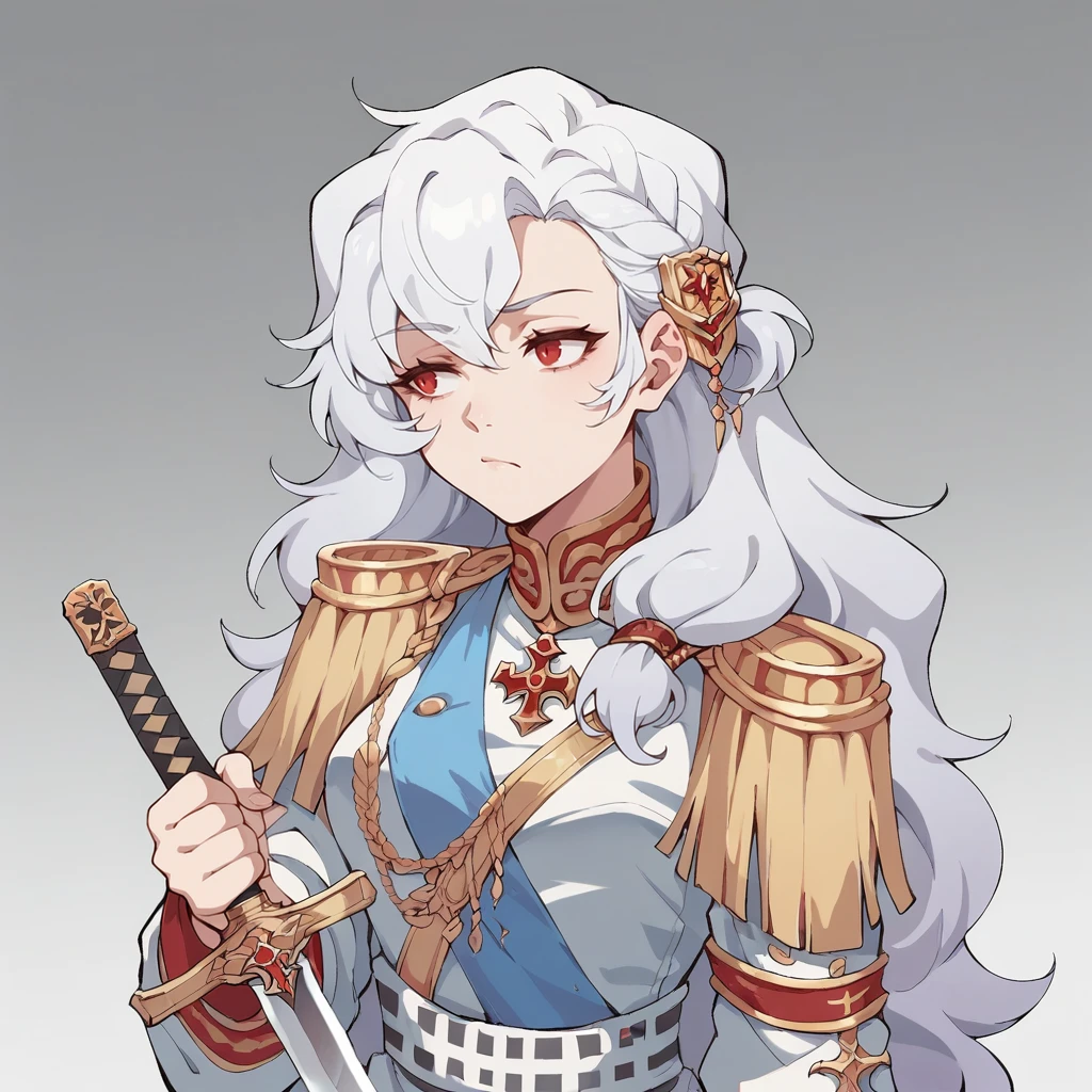 score_9, score_8_up, score_7_up, <lora:Alpha1918:0.8> 1girl, long hair, white hair, red eyes, alpha1918, holding long sword, detailed sword, sword on shoulder, bored face, looking to the side