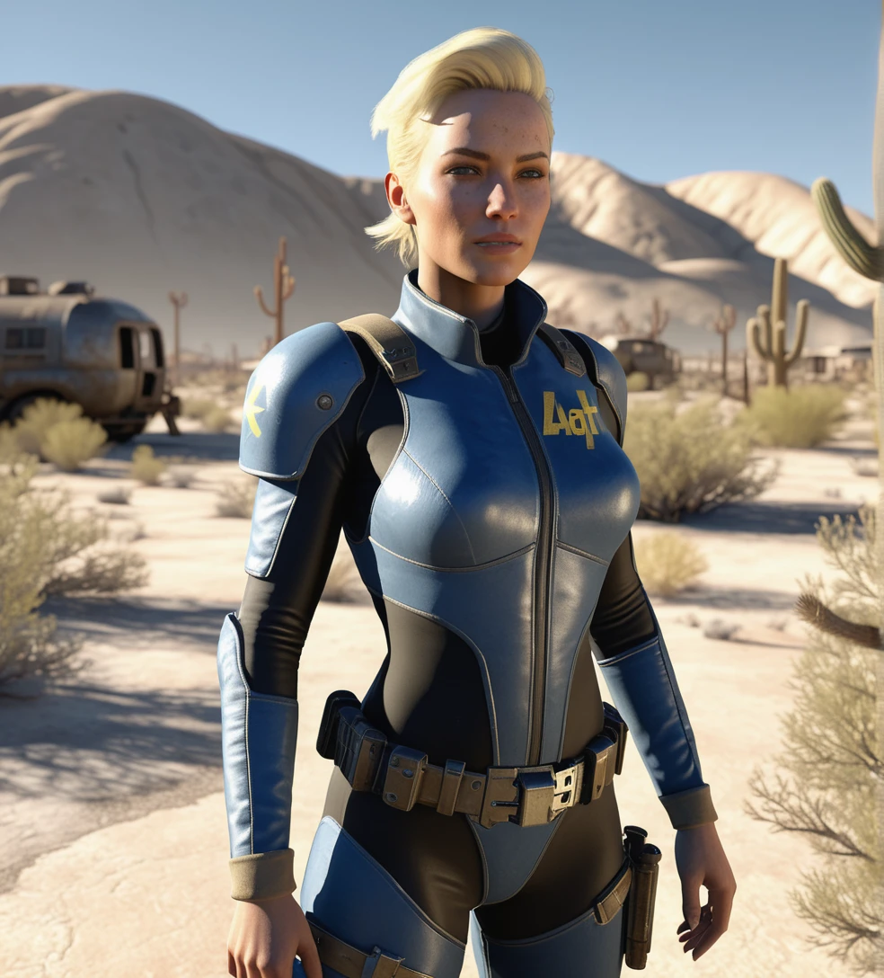 (elsa jean), wearing Fallout vaultsuit, patrolling the Mojave wasteland, ultra quality, realistic light, realistic shadows, path tracing, ray tracing, radiosity, ambient occlusion, volumetric lighting, specular reflection, diffuse reflection, lumen reflections, glare, global illumination, realistic light, realistic shadow